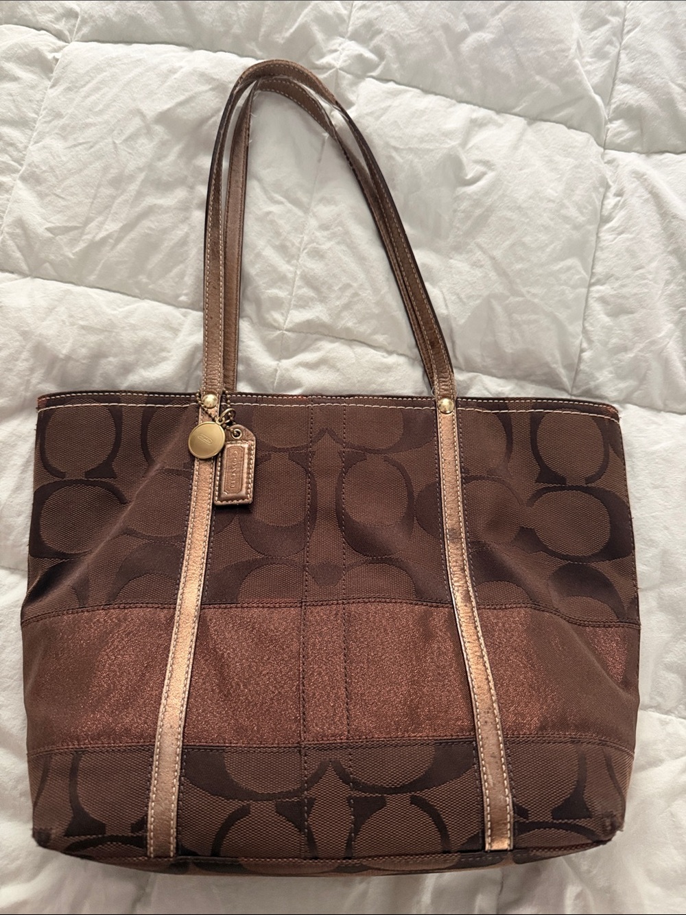 Coach Brown Signature Canvas Tote with Metallic Bronze Accents